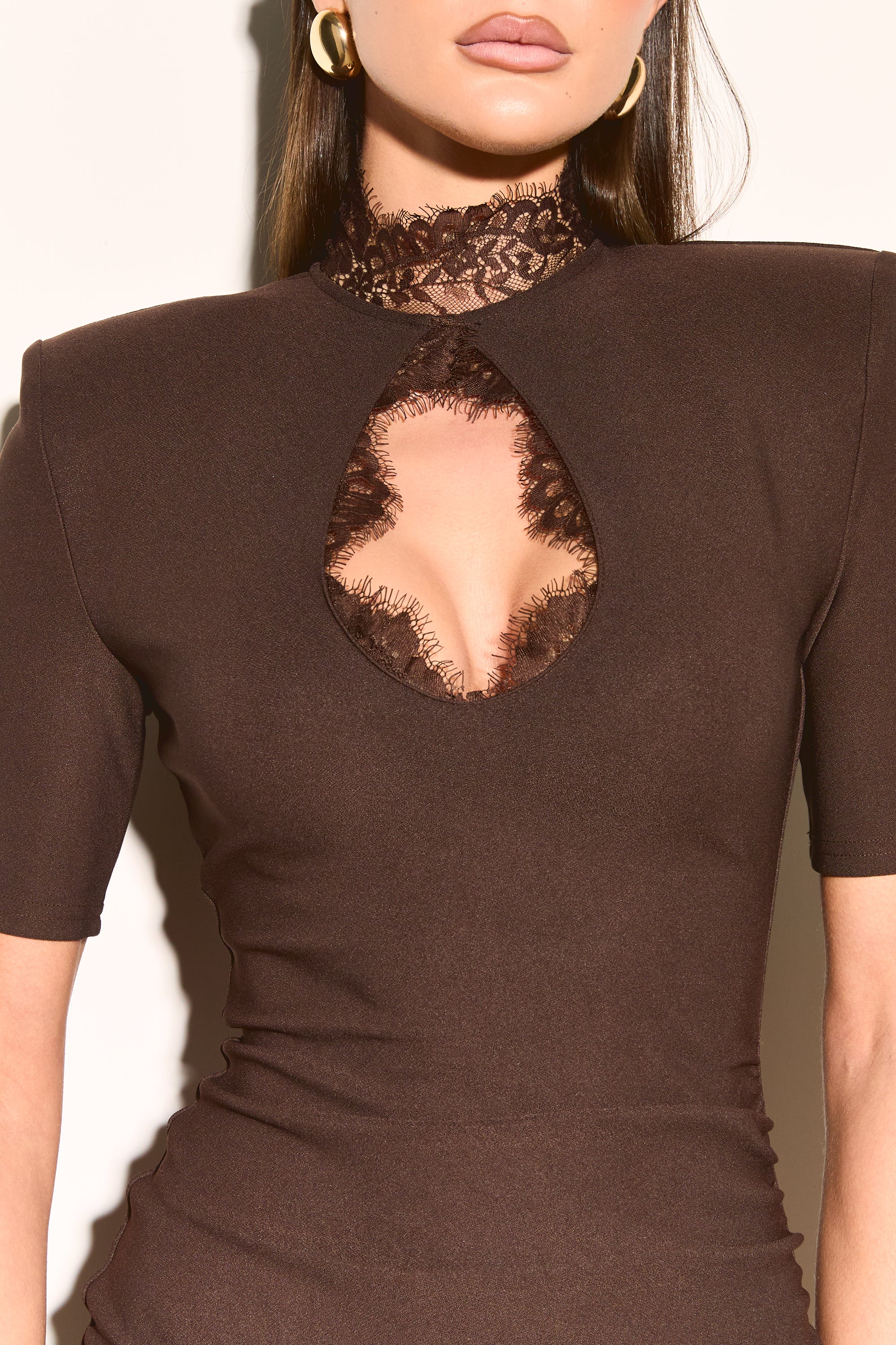 AMAYA Chocolate Lace Cut Out Mini Dress - Image 6