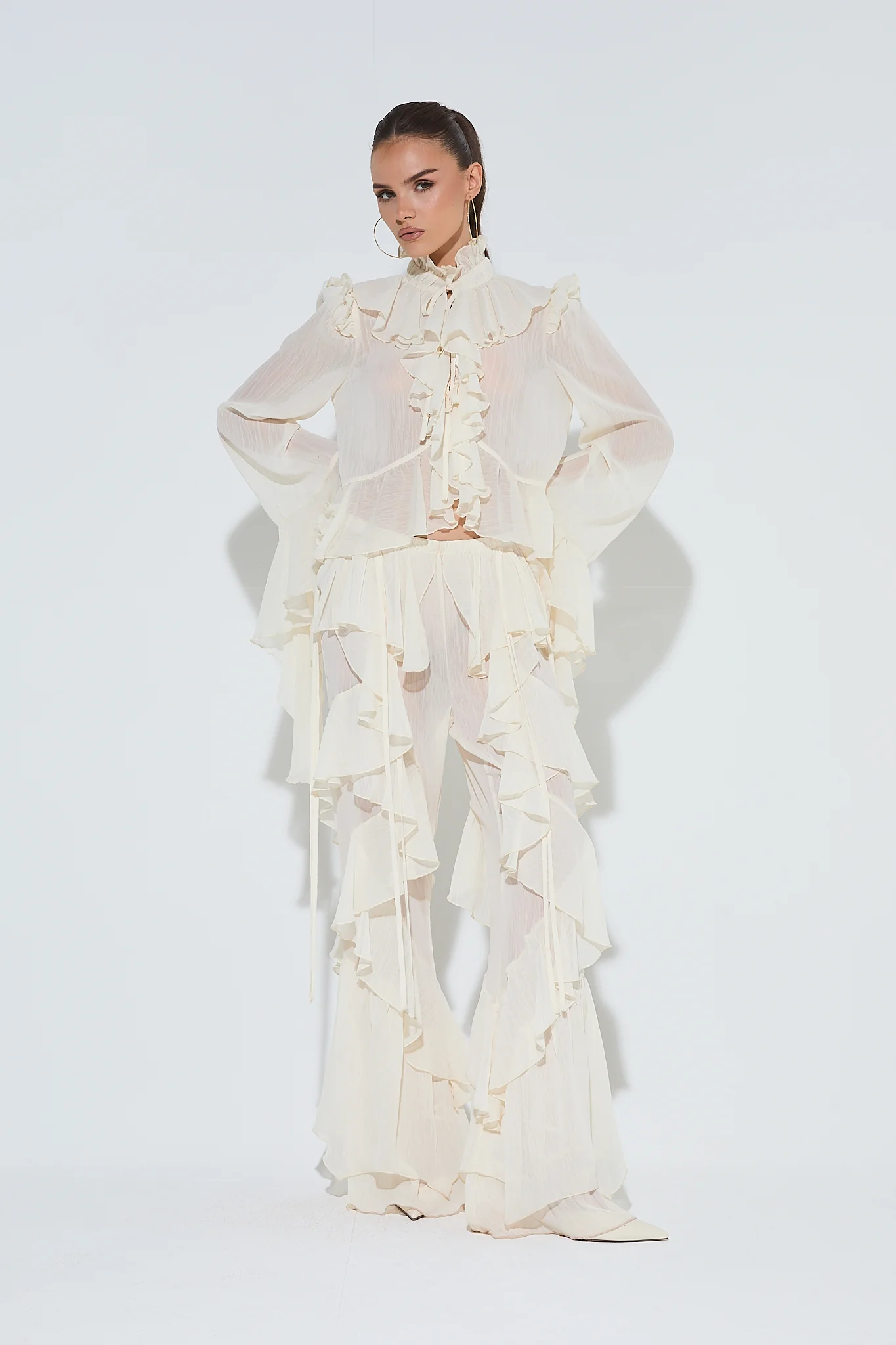 CELIA Cream Ruffle Flared Trousers - Image 3