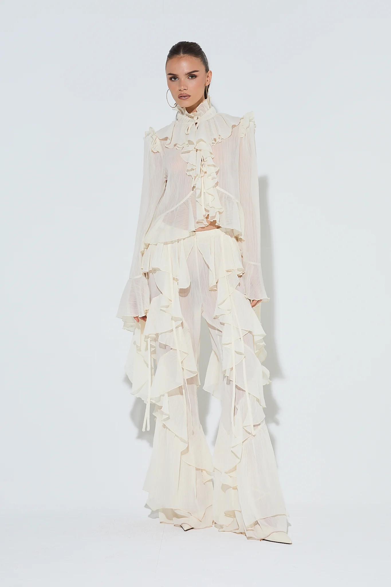 CELIA Cream Ruffle Flared Trousers - Image 4