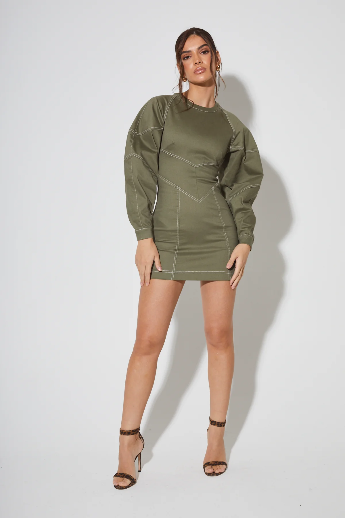KALI Khaki Contrast Stitch Mini Dress - Image 4