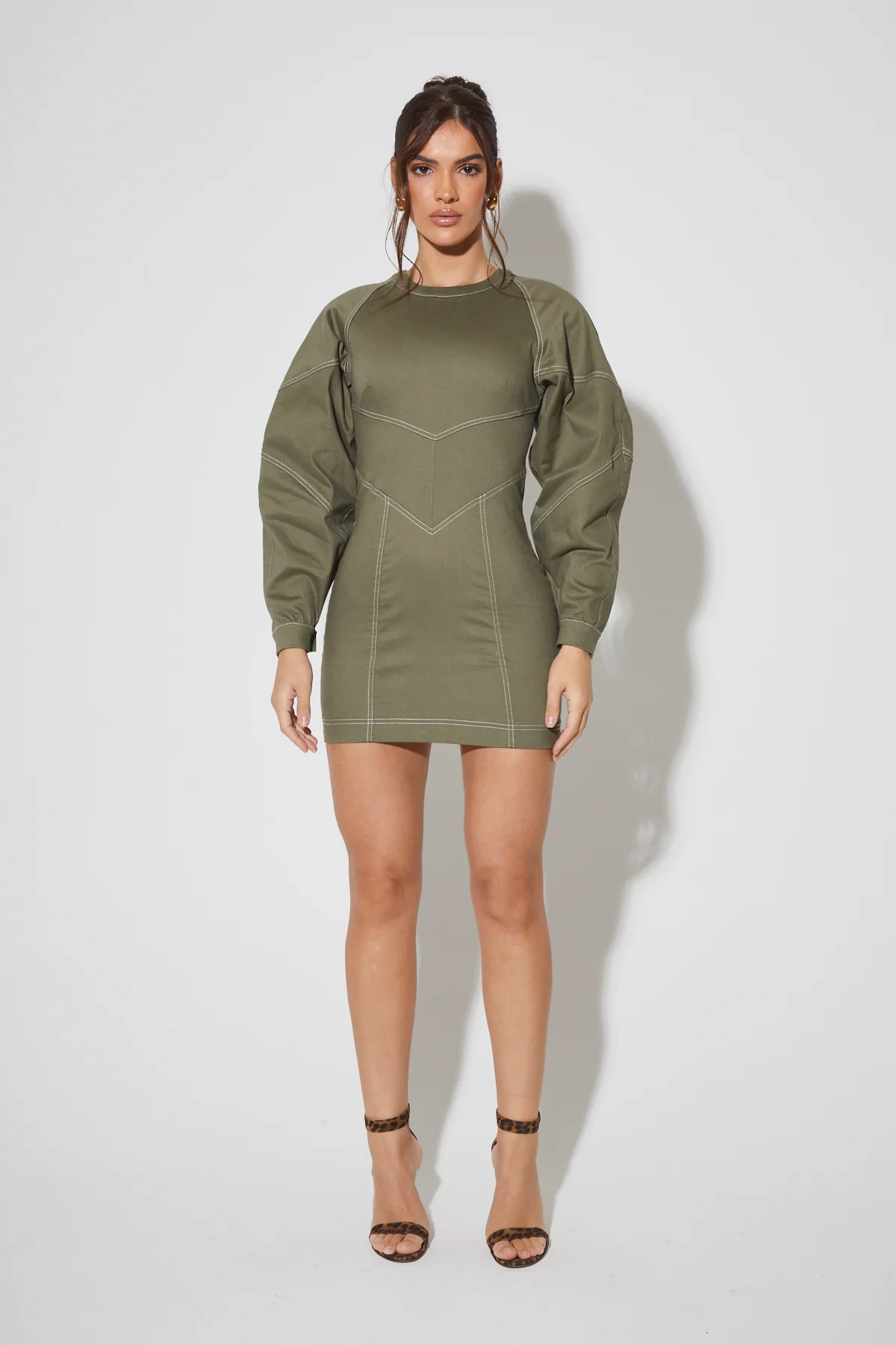 KALI Khaki Contrast Stitch Mini Dress - Image 5