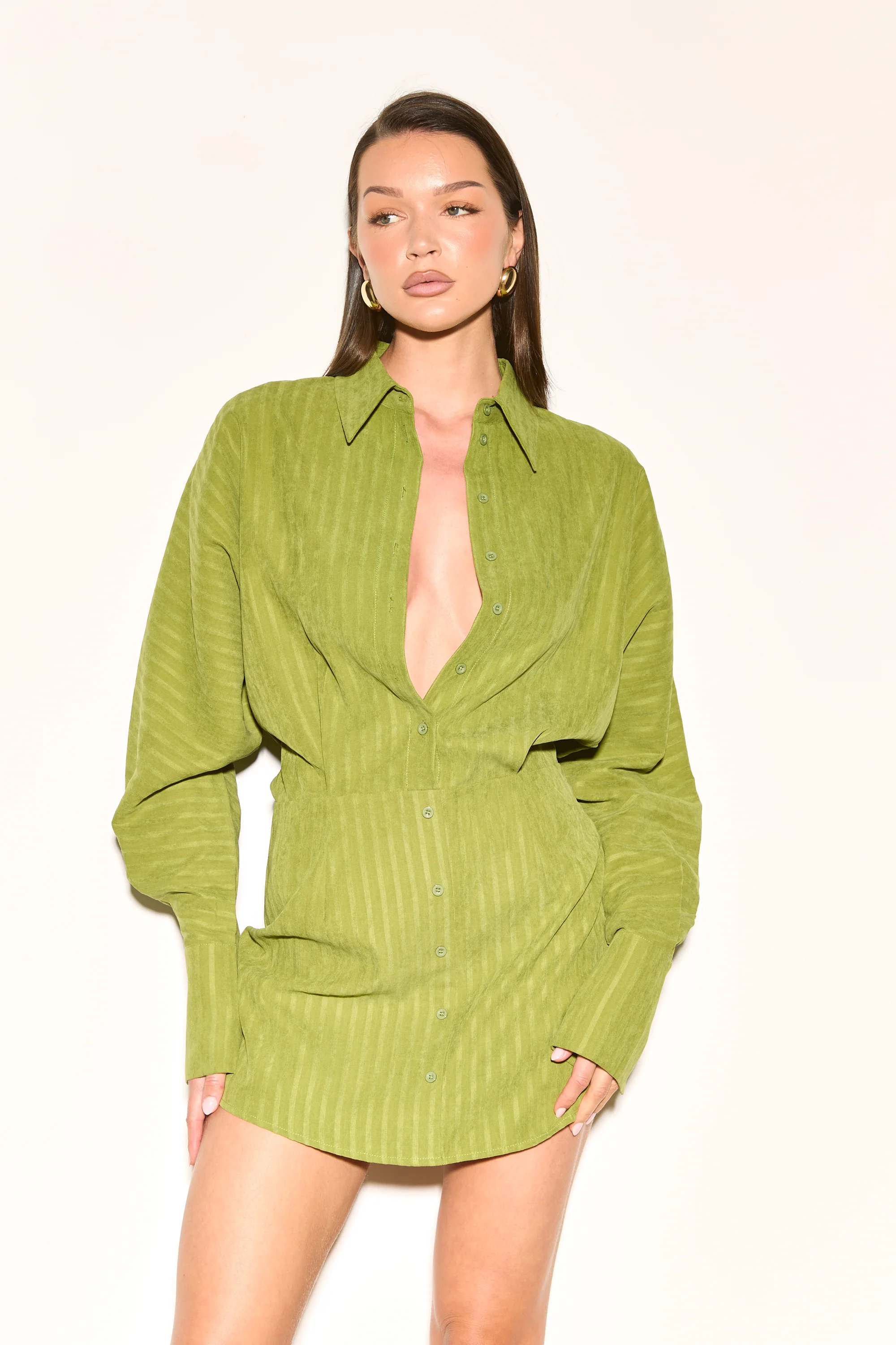 LEONE Olive Stripe Shirt Dress - Image 5